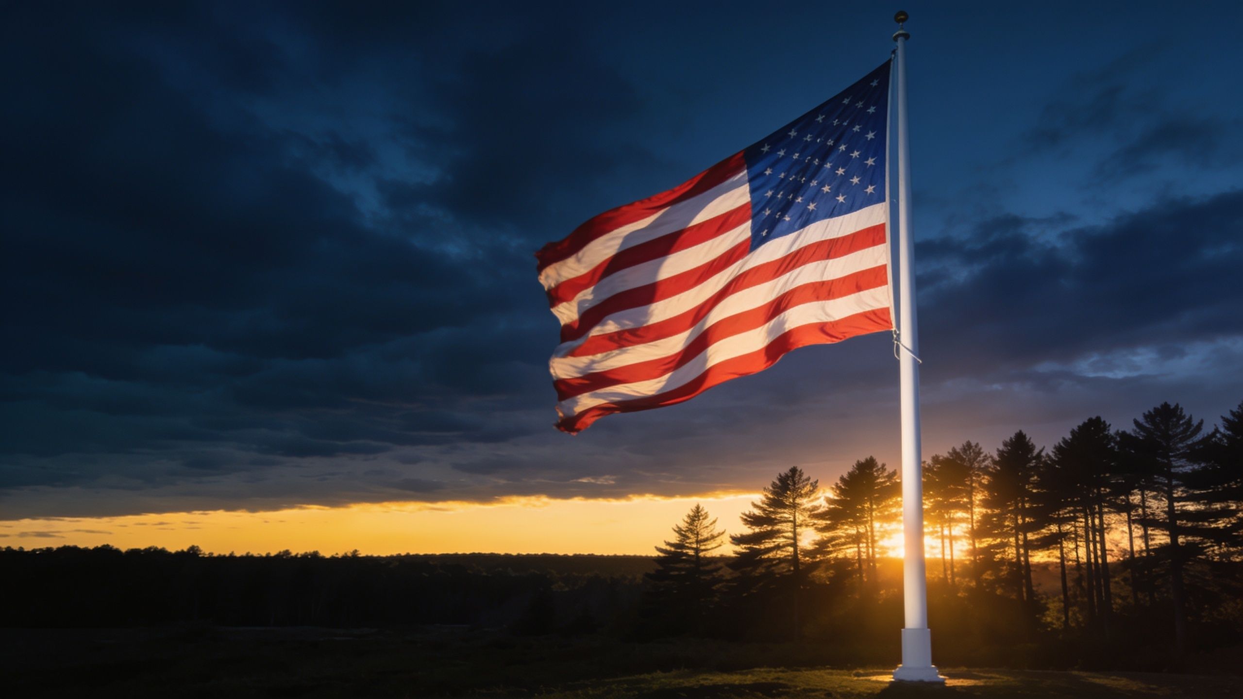 An American flag on a flagpole at sunset